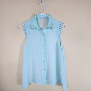 Papaya Sheer Beaded Collar Sleeveless‎ Button Up Shirt Top Womens Medium Aqua